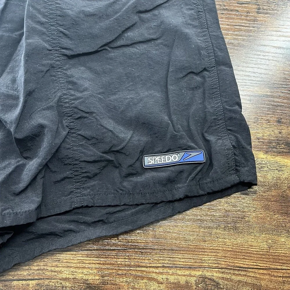 Vintage Speedo Men's Black Solid Swim Shorts XL Regular Drawstring Mesh Lined